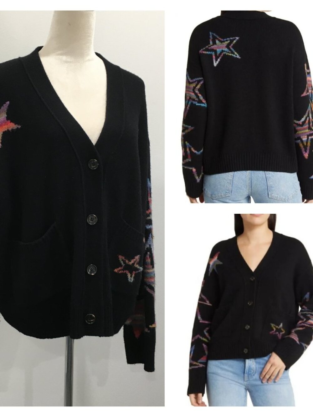 RAILS Black Rainbow Stars REESE Wool Cashmere etc Blend Knit Cardigan